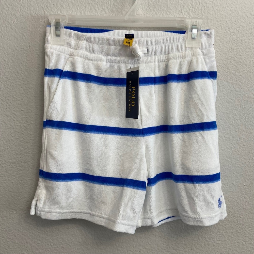 Polo Ralph Lauren Boys M 10-12 White Blue Striped Terry Cloth Shorts NEW Pony